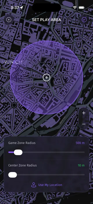 Phantom Chase's create-game screen — drawing the play zone on a live map